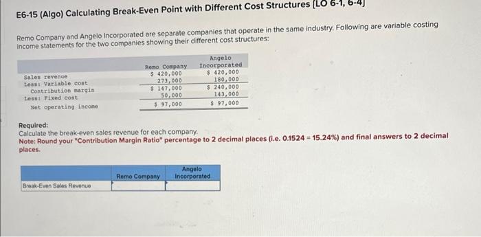  E6-15 (Algo) Calculating Break-Even Point with Different Cost Structures [LO 6-1,