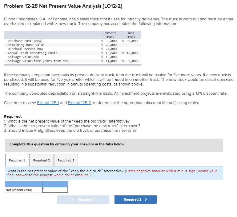  Problem 12-28 Net Present Value Analysis (LO12-2] Bilboa Freightlines, S.A., of