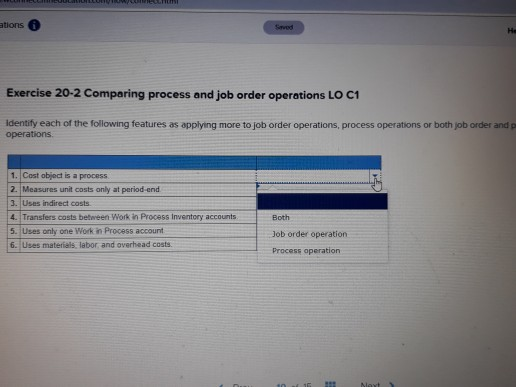  1ouw/conectntmt ations Saved He Exercise 20-2 Comparing process and job order