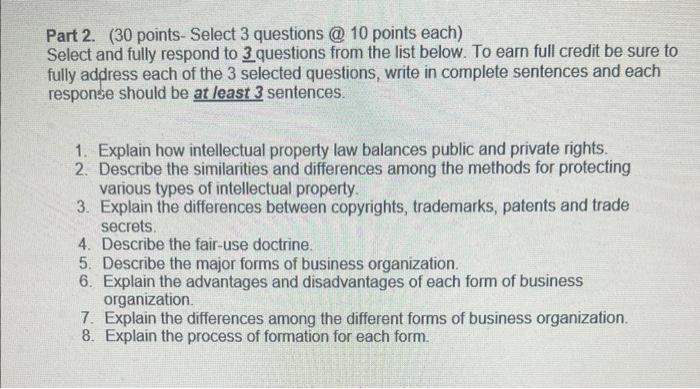  Part 2. ( 30 points-Select 3 questions @ 10 points each)