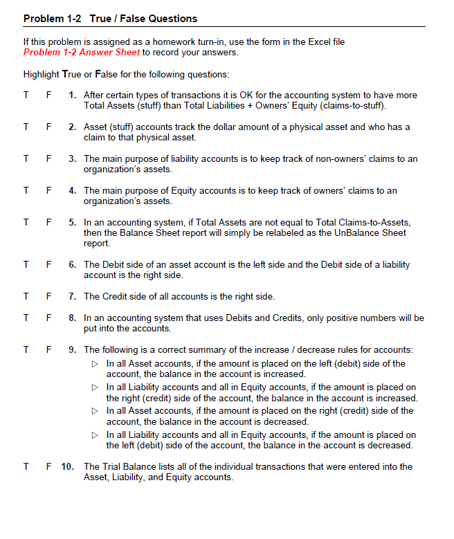  Problem 1-2 True / False Questions If this problem is assigned