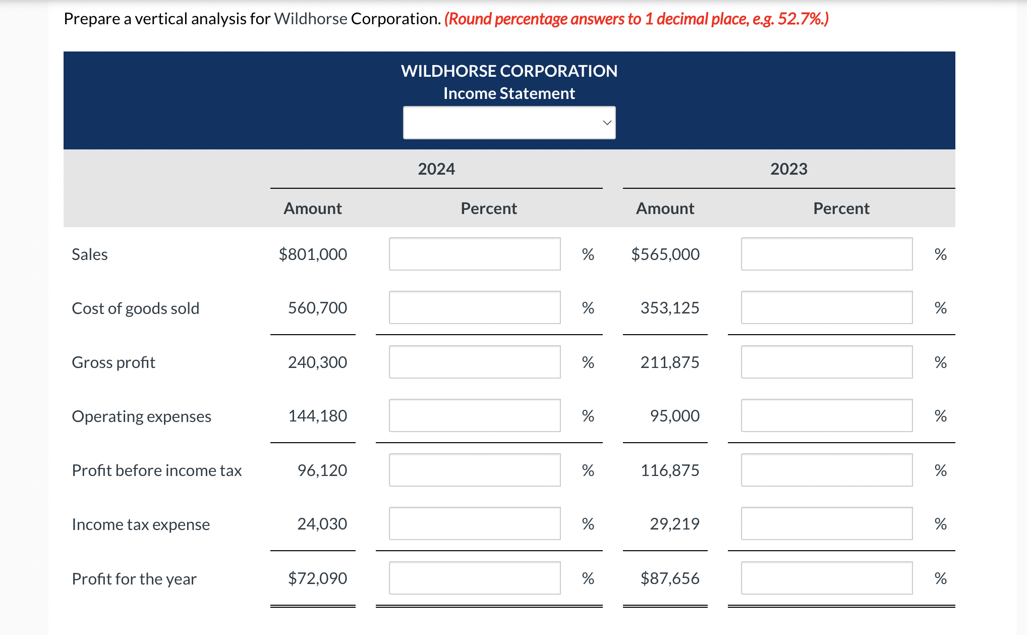 Corporation are shown below. Prepare a vertical analysis for Wildhorse Corporation. (Round