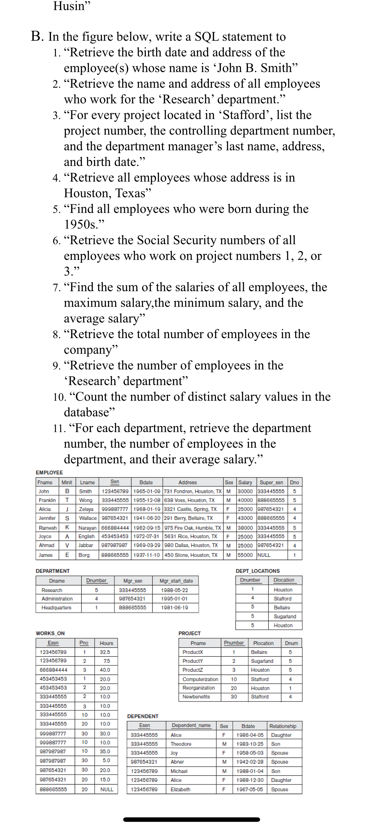  B. In the figure below, write a SQL statement to 