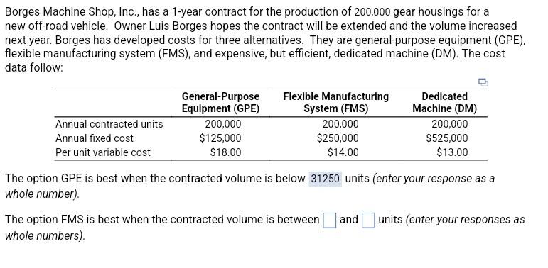  Borges Machine Shop, Inc., has a 1-year contract for the production