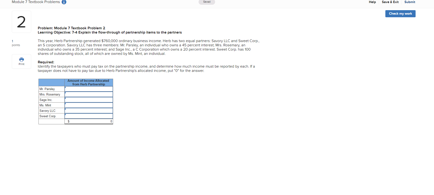  Module 7 Textbook Problems Saved Help Save & Exit Submit Check