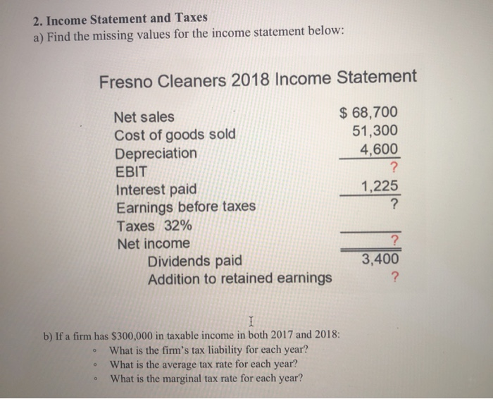  2. Income Statement and Taxes a) Find the missing values for