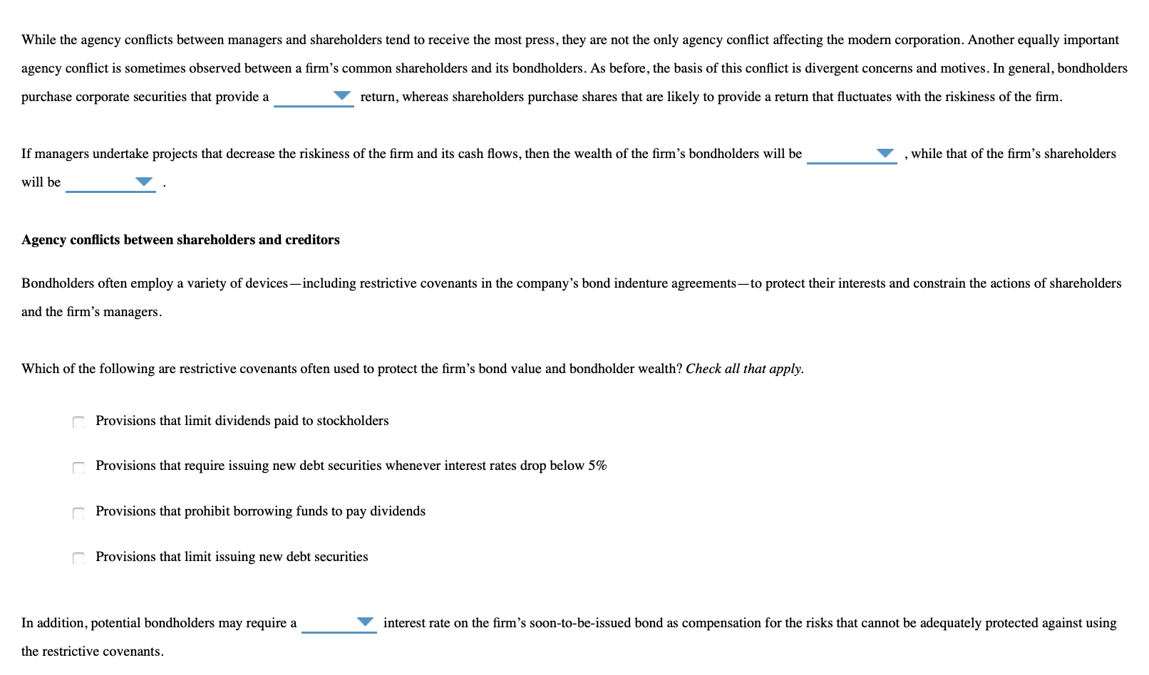 Blank response choices: 1) variable / fixed 2) increased / decreased 3)