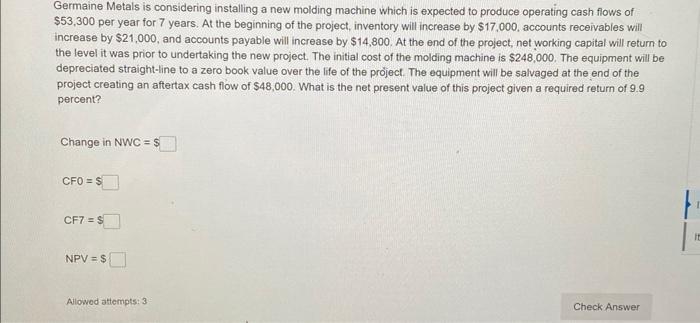  Germaine Metals is considering installing a new molding machine which is