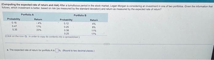  Computing the expected rate of return and risk) Afer a tumultuous