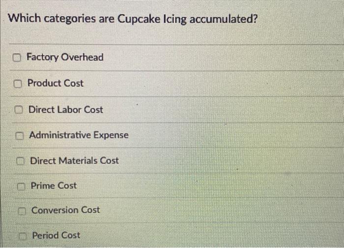 Bookkeeper's Wages accumulated? Product Costs Administrative Expense Prime Costs Conversion Costs Factory
