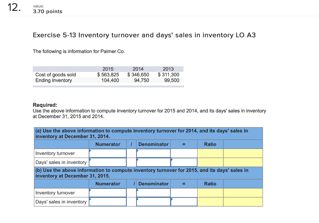  12. value 3.70 points Exercise 5-13 Inventory turnover and days' sales