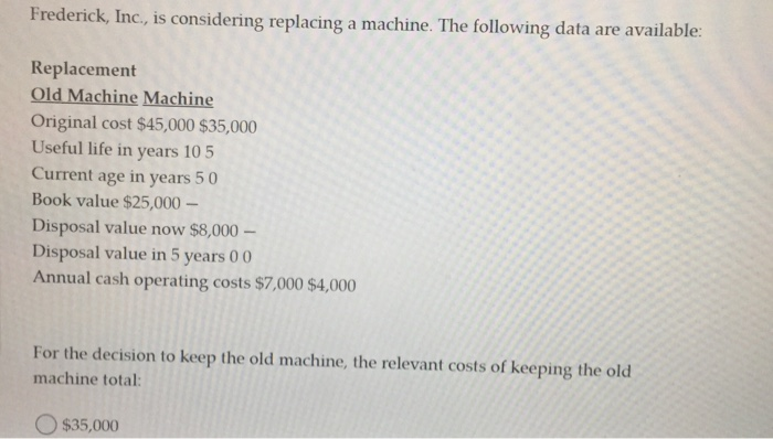  Frederick, Inc., is considering replacing a machine. The following data are