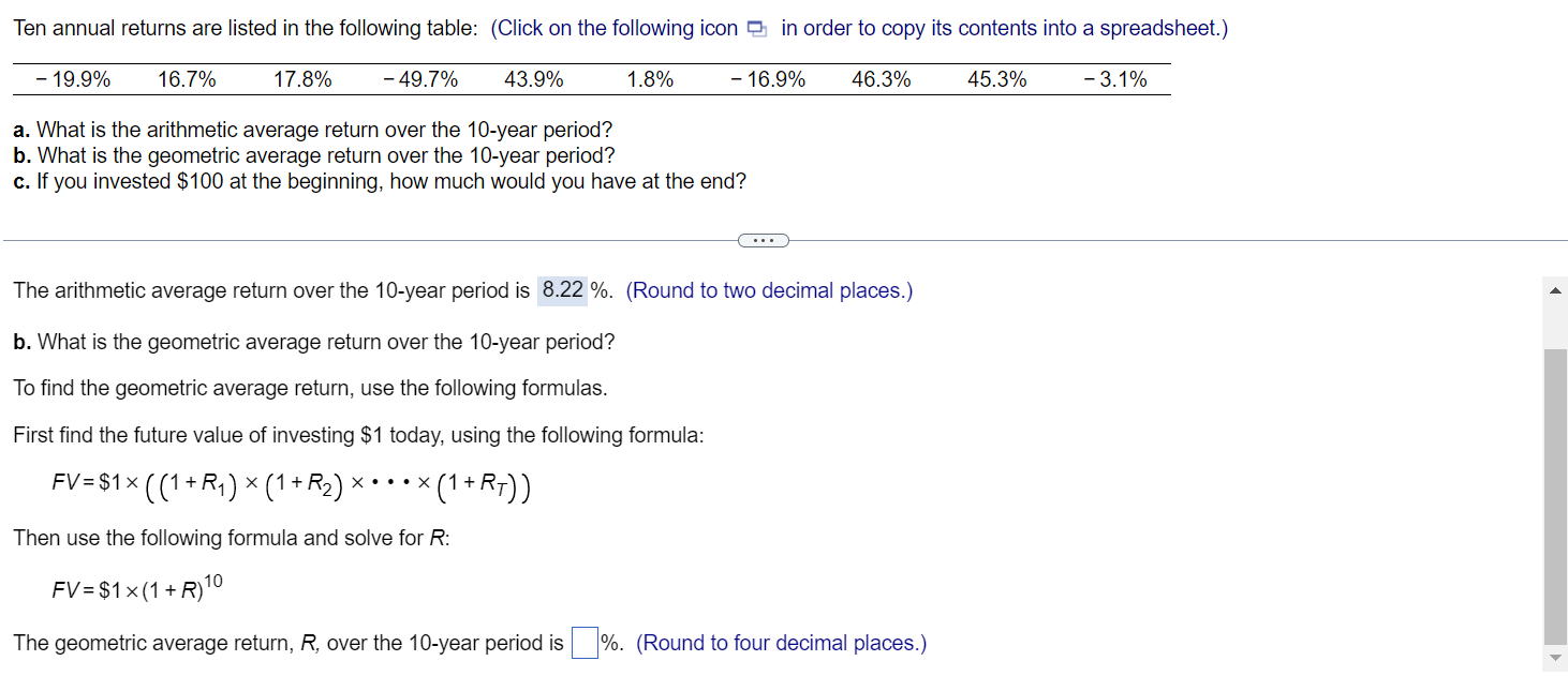 Part b and c please! a. What is the arithmetic average return