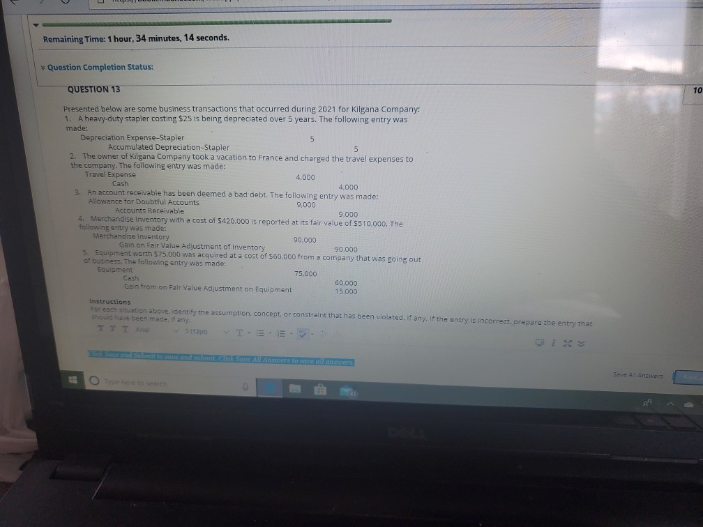 Remaining Time: 1 hour, 34 minutes, 14 seconds. Question Completion Status: