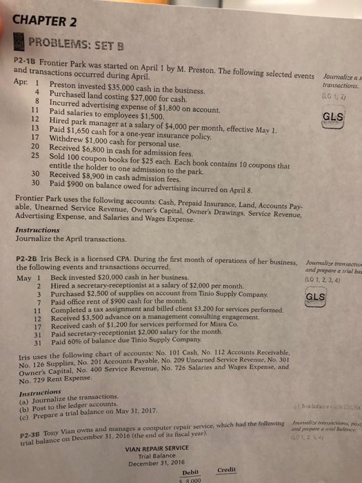  CHAPTER 2 PROBLEMS: SET B P2-18 Frontier Park was started on