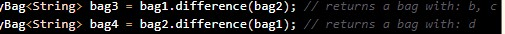bag but not in the second bag. Your difference() method implementation will