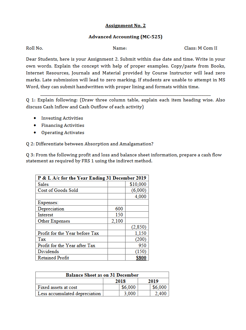 Assignment No. 2 Advanced Accounting (MC-525) Roll No. Name: Class: M