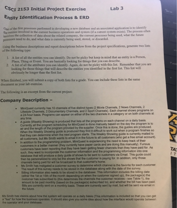  Lab 3 CSCI 2153 Initial Project Exercise Entity Identification Process &