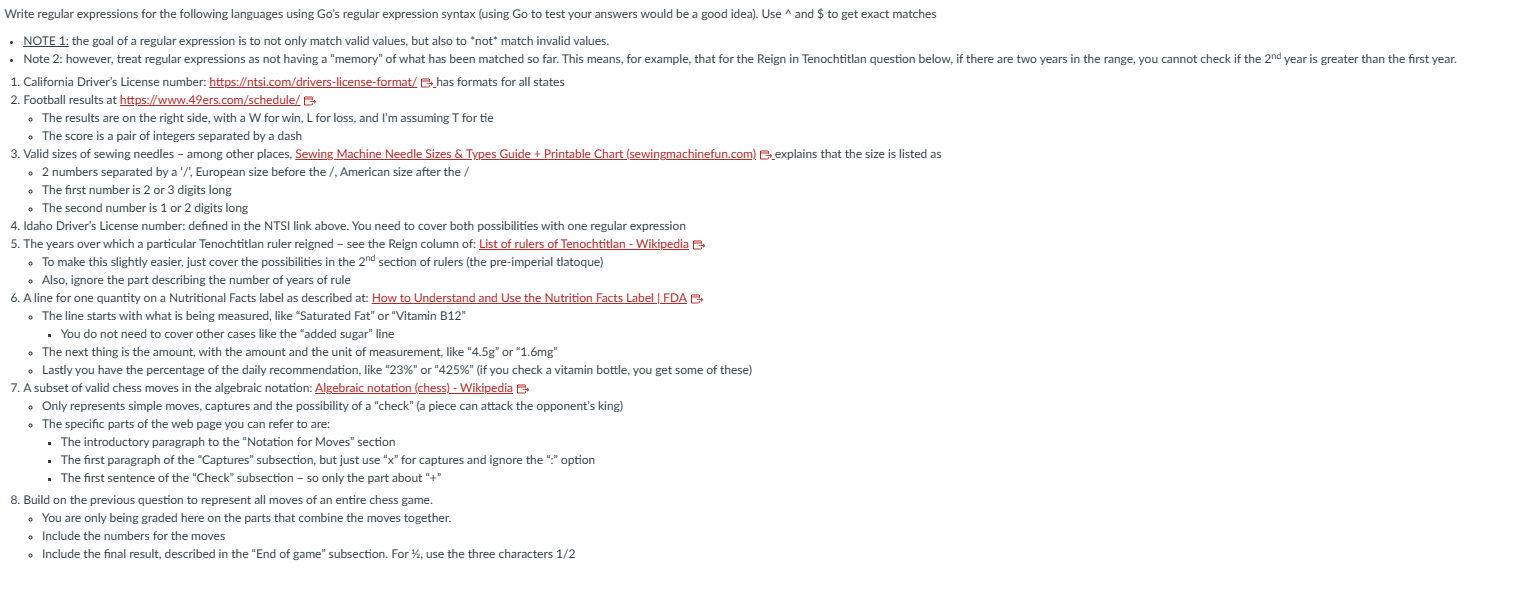  Write regular expressions for the following languages using Go's regular expression