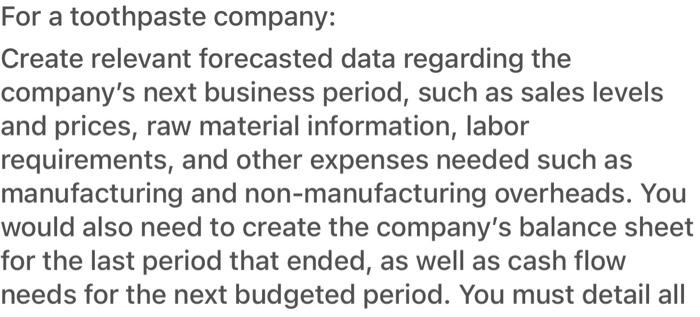  For a toothpaste company: Create relevant forecasted data regarding the company's
