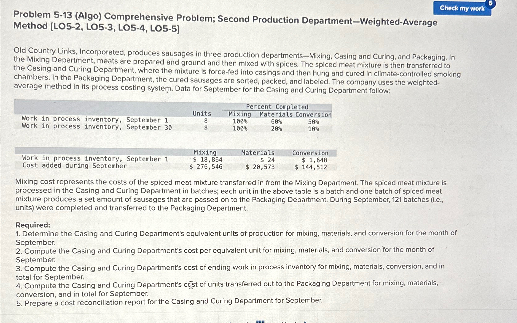  Problem 5-13(Algo) Comprehensive Problem; Second Production Department-Weighted-Average Method [LO5-2, LO5-3, LO5-4,