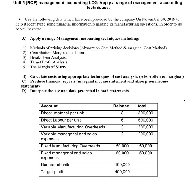  I need A&B&C&D full answer plz Unit 5 (RQF) management accounting
