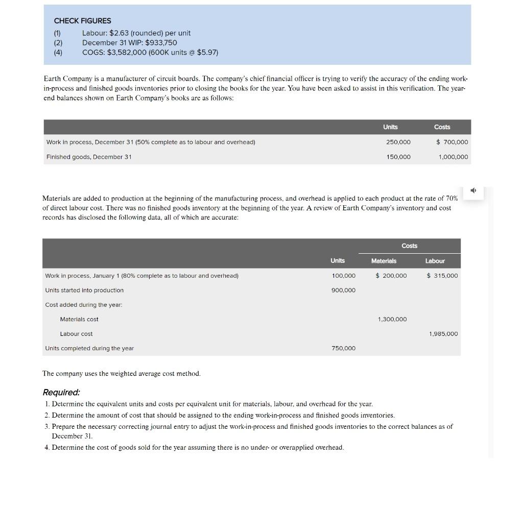  CHECK FIGURES Labour: $2.63 (rounded) per unit (2) December 31 WIP: