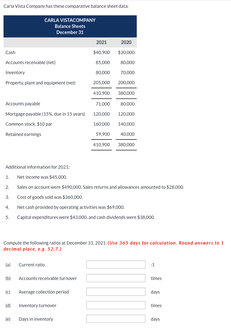  Carla Vista Company has these comparative balance sheet data: Additional information