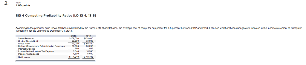  4.00 points E13-4 Computing Profitability Ratios [LO 13-4, 13-5 According to