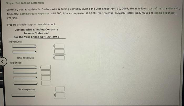  Single-Step Income Statement Summary operating data for Custom Wire & Tubing