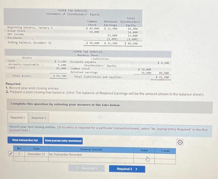  1. Record year-end dosing entries. 2 Prepare a post-closing trial balance.