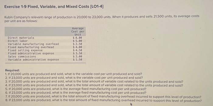  Exercise 1-9 Fixed, Variable, and Mixed Costs [LO1-4] Kubin Company's relevant