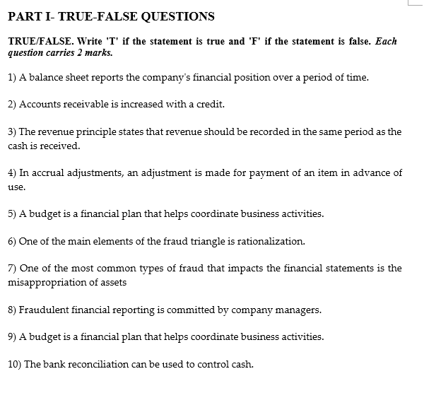 TRUE/FALSE. Write ' T ' if the statement is true and