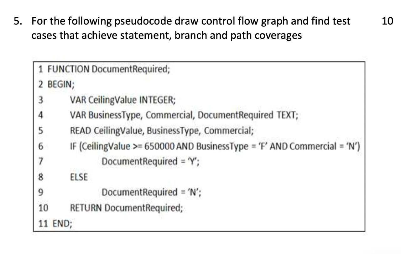  For the following pseudocode draw control flow graph and find test