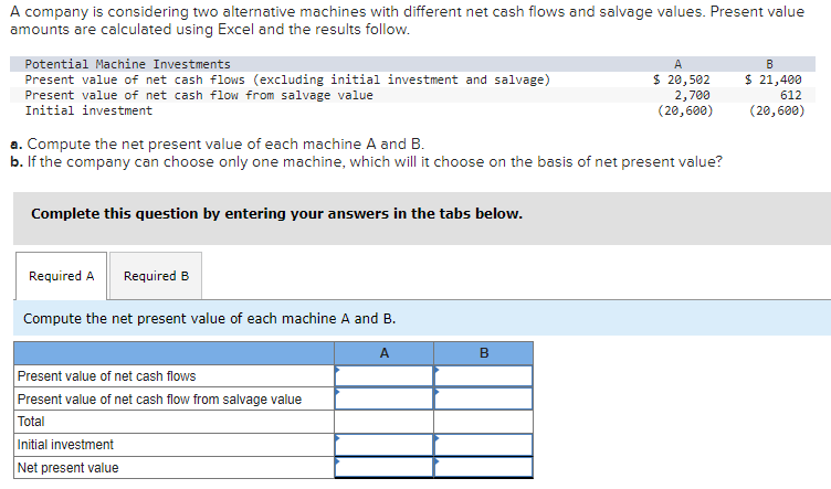 A company is considering two alternative machines with different net cash