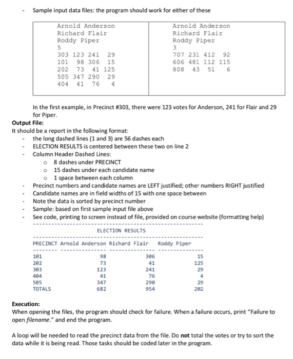 the precinct data by precinct number. Finally, the program writes a report