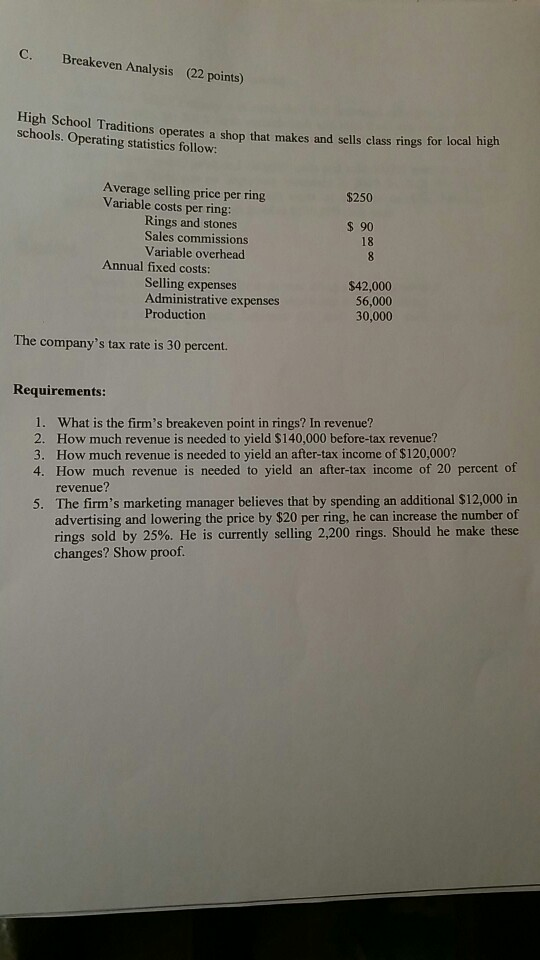  C. Breakeven Analysis (22 points) High School Traditions operates a shop