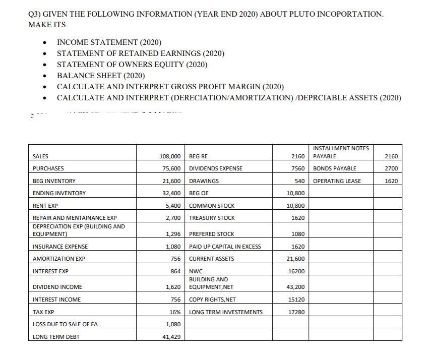 NOTE: PLEASE DO NOT PROVIDE EXCEL ANSWER! NO EXCEL! Q3) GIVEN