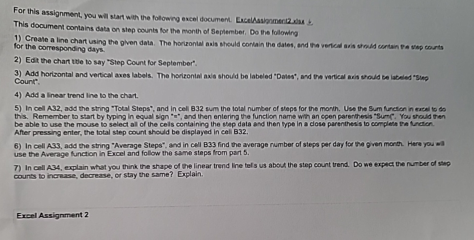  For this assignment, you will start with the following excel document.