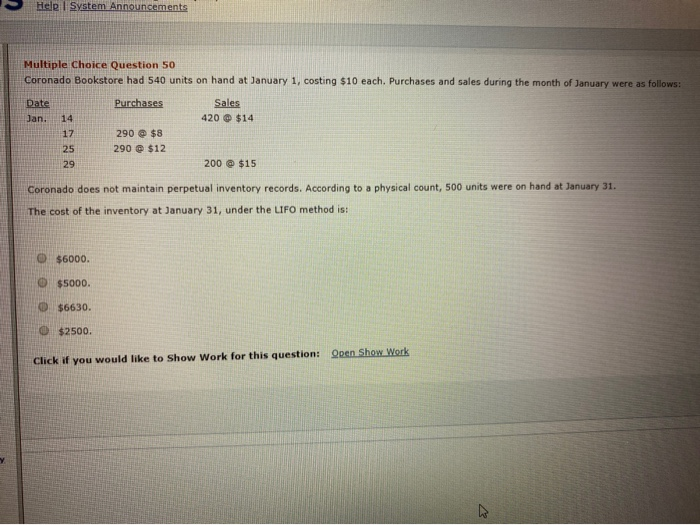  Help System Announcements Multiple Choice Question 50 Coronado Bookstore had 540