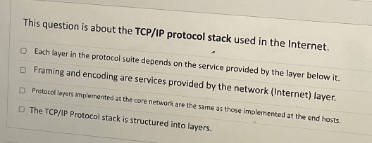  This question is about the TCP/IP protocol stack used in the