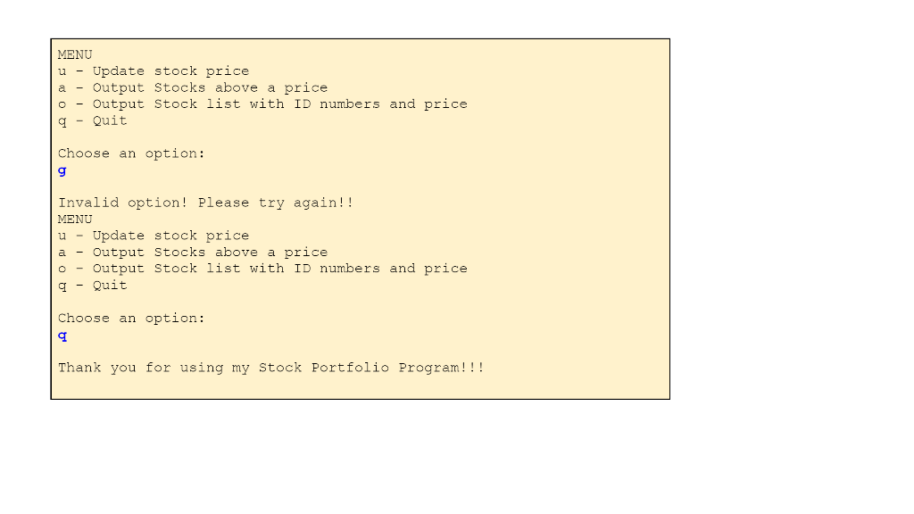 (099) and the Stock's price (>0). - Store the stock ID number