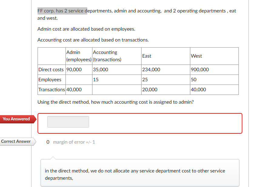 departments, admin and accounting, and 2 operating departments, eat and west. Admin