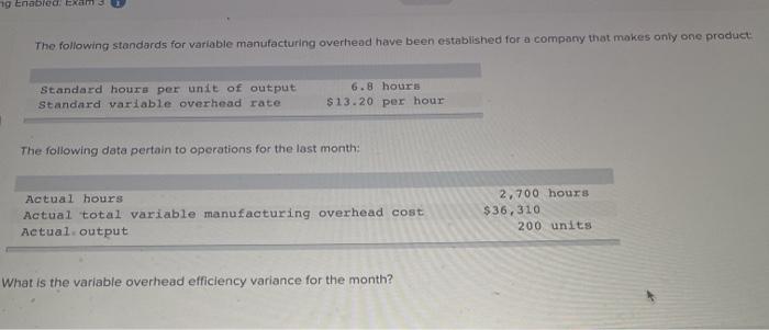 ng Enable Exam 3 The following standards for variable manufacturing overhead
