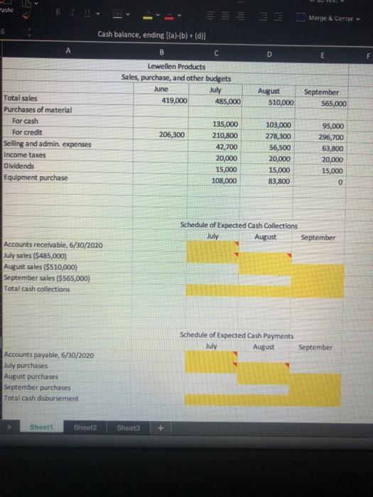 data from the following table to complete the cash budget In Excel