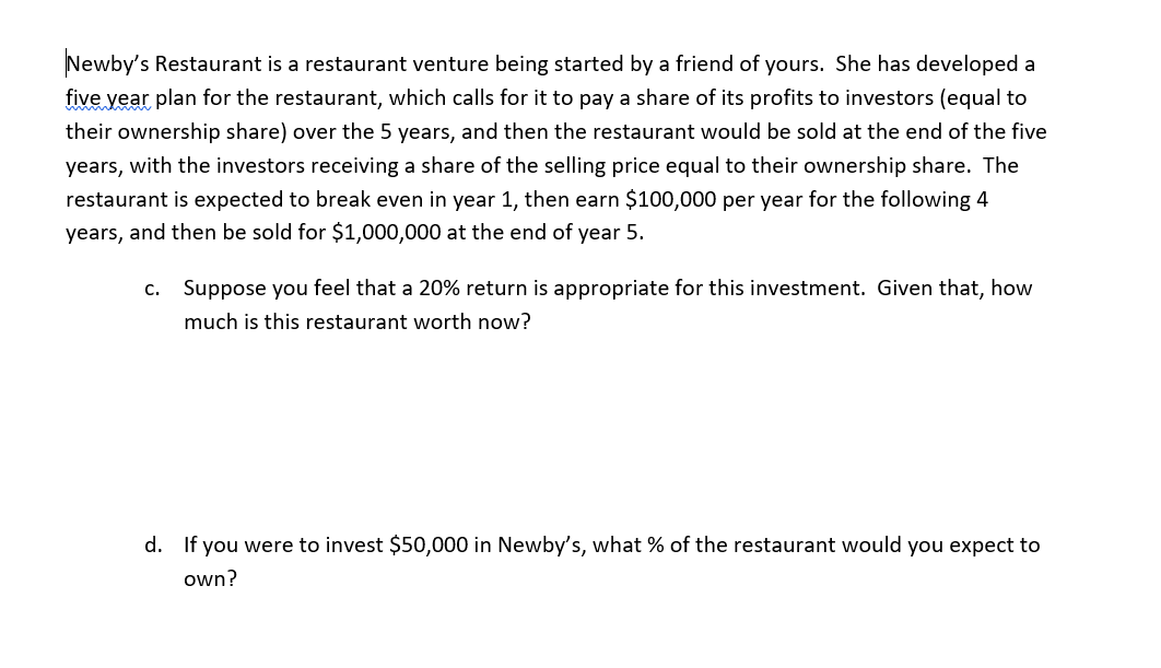  Newby's Restaurant is a restaurant venture being started by a friend