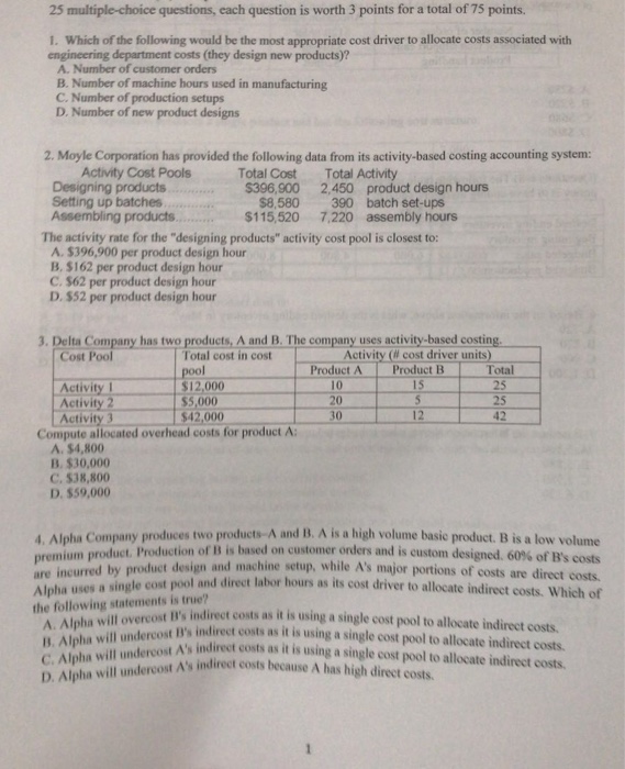  25 multiple-choice questions, each question is worth 3 points for a