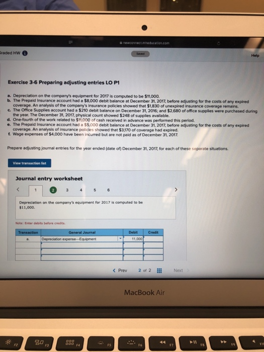  Braded HW Exercise 3-6 Preparing adjusting entries LO P1 .. Depreciation