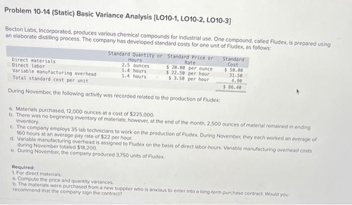  Problem 10-14 (Static) Basic Variance Analysis [LO10-1, LO10-2, LO10-3] Becton Labs,