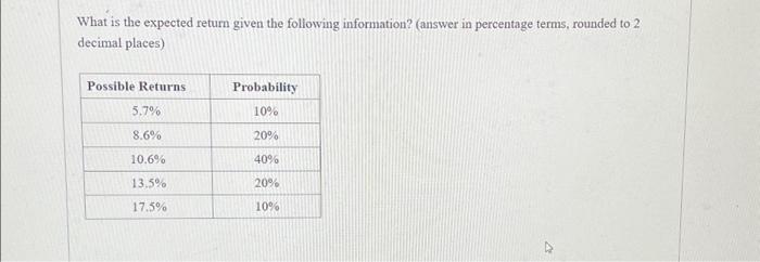  What is the expected return given the following information? (answer in